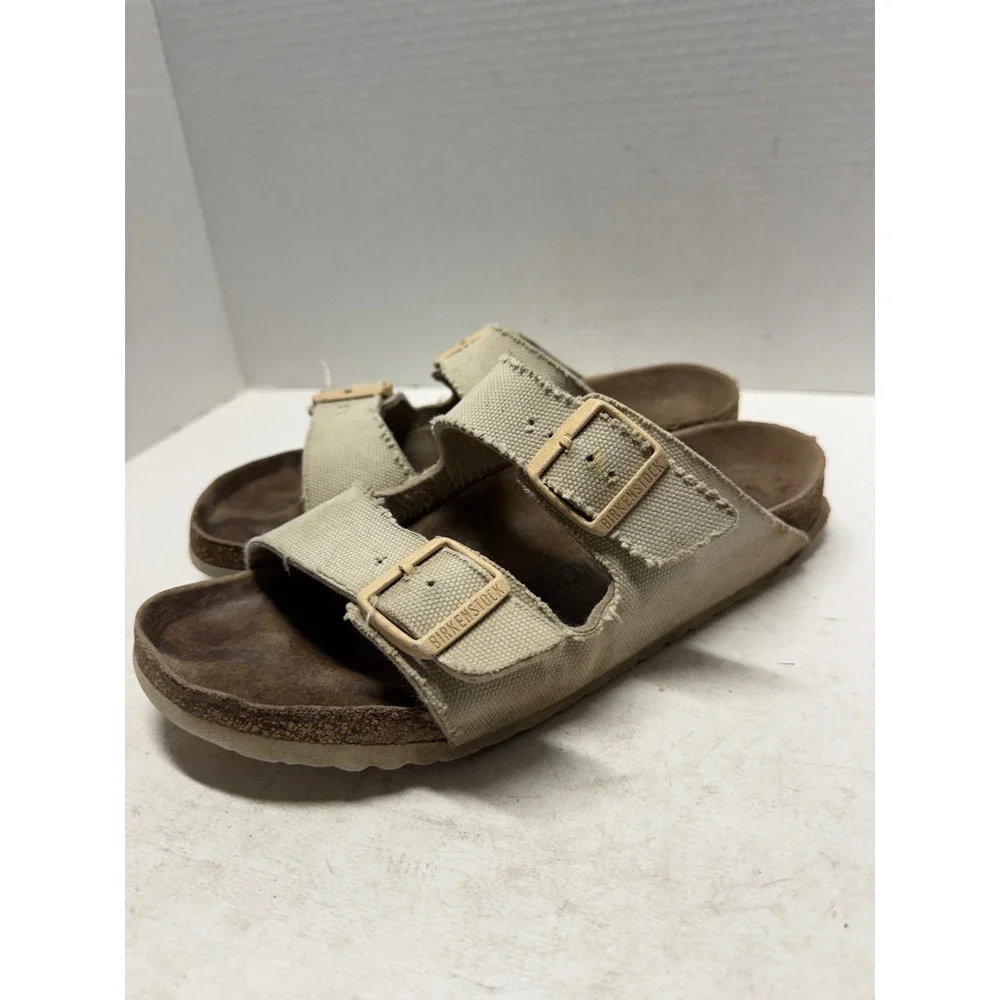 Birkenstock Arizona Vegan Canvas Sandals Beige Two Strap Slides 41 8